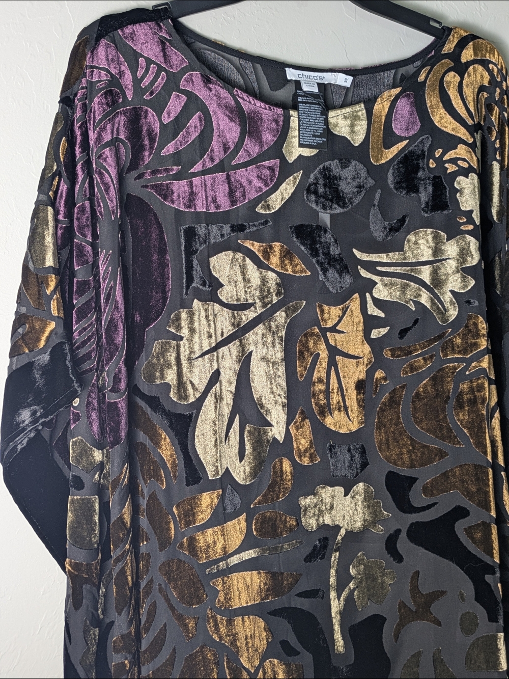 Chico's S Burnout Floral Black Velvet Poncho with Gold & Purple Accents Luxury